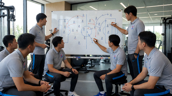 教练组在战术板上布置阵容与战术的足球分析画面
