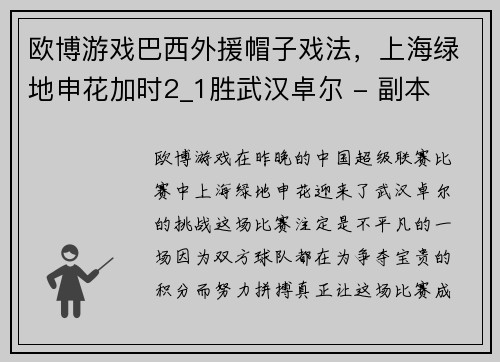 欧博游戏巴西外援帽子戏法，上海绿地申花加时2_1胜武汉卓尔 - 副本