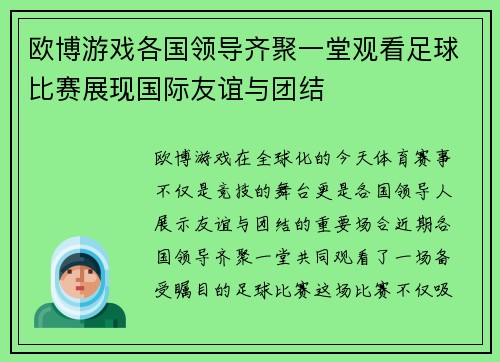 欧博游戏各国领导齐聚一堂观看足球比赛展现国际友谊与团结